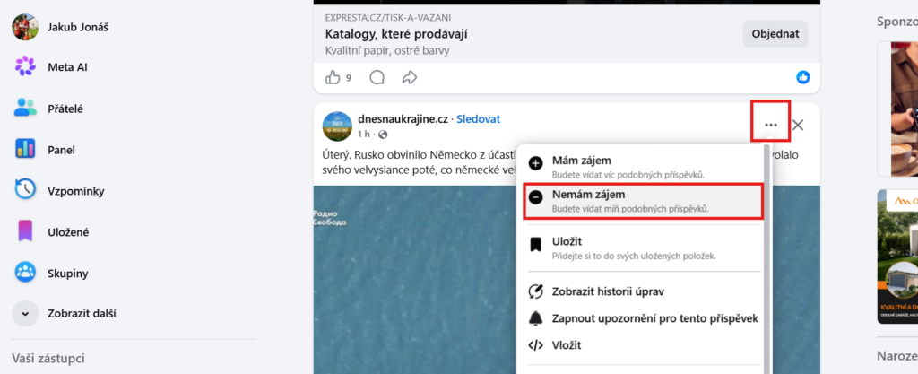 Screen způsobu nahlášení obsahu na FB pro článku o fungování algorytmu na sítích..