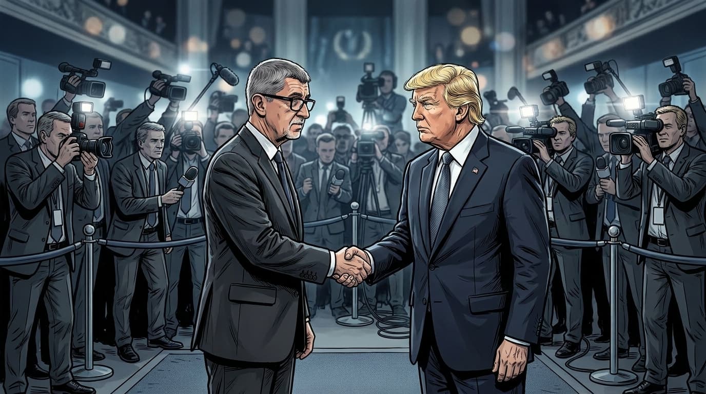Náhledový obrázek k článku, který se zaobírá tématem podání ruky mezi Donaldem Trumpem a Andrejem Babišem na Summitu NATO 2026.