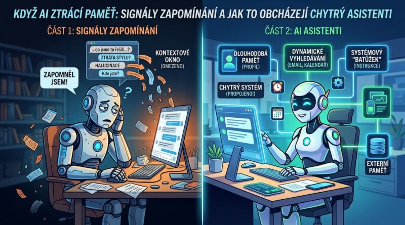 Když AI ztrácí paměť: Signály zapomínání a jak to obcházejí chytří asistenti Náhledový obrázek pro článek o tom, jak se projevuje, když AI ztrácí pamět. A jak to obchází AI agenti.